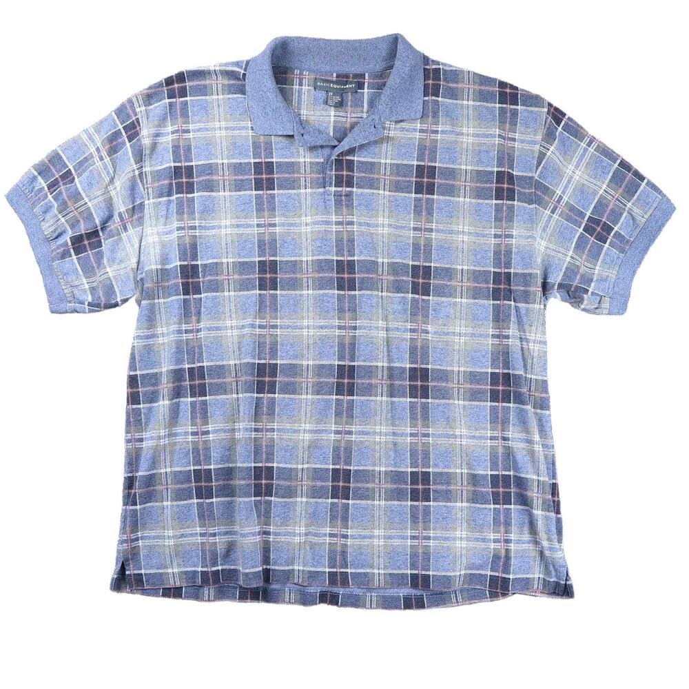 Vtg Basic Equipment 2X Men's Polo Navy Light‎ Blue Red Plaid